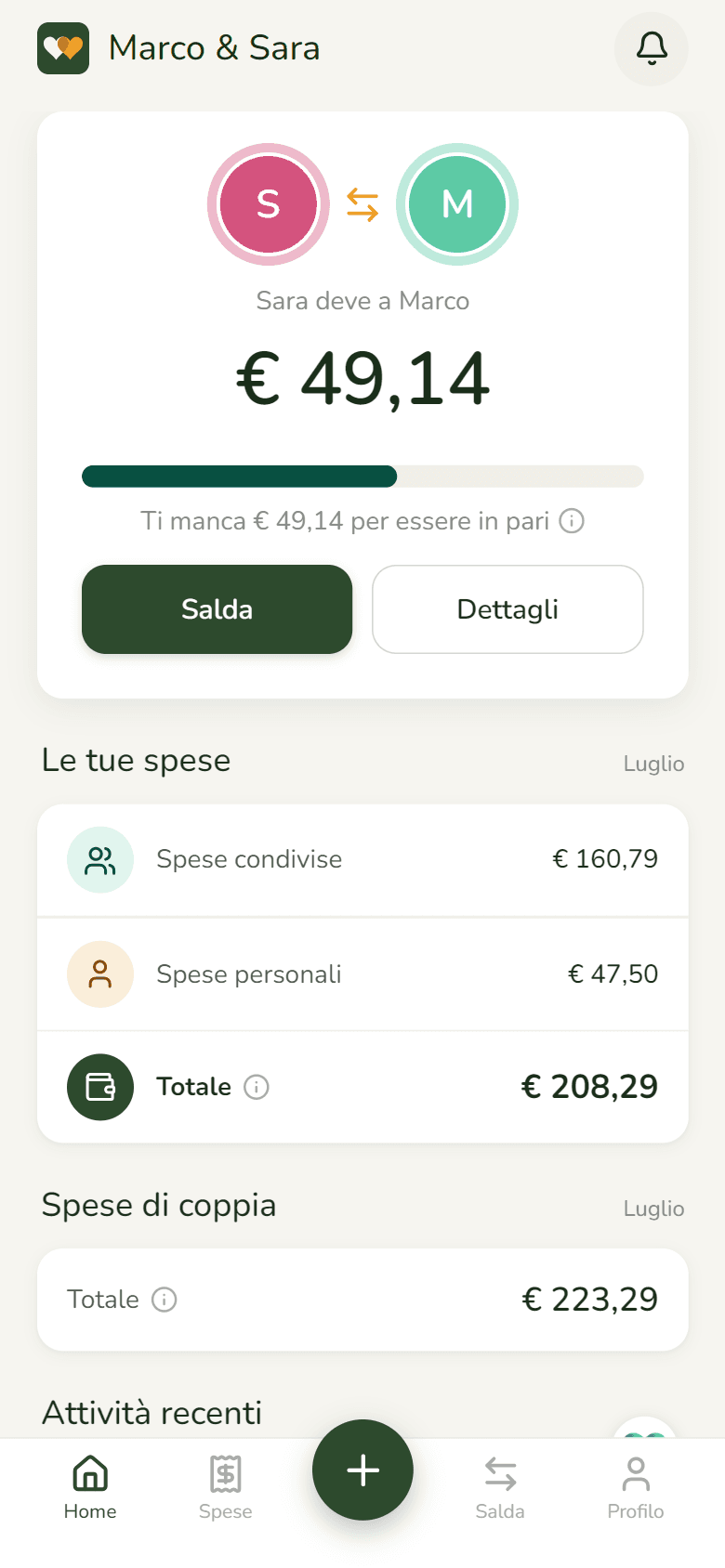 La Home di DuoWallet: saldo di coppia e ultime spese