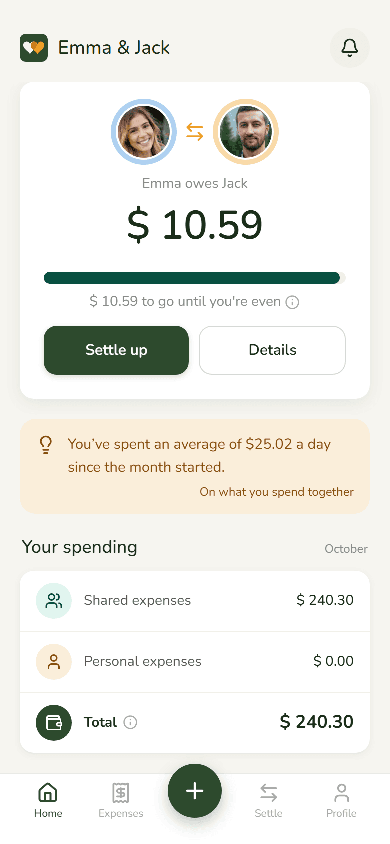 The DuoWallet home screen: couple balance and latest expenses
