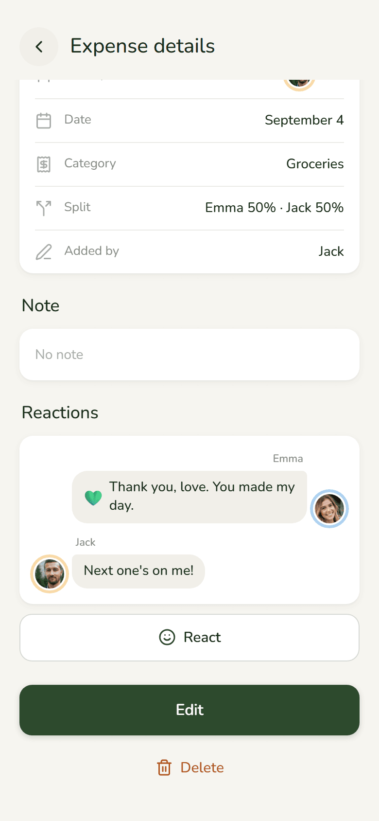 A reaction with a note on an expense